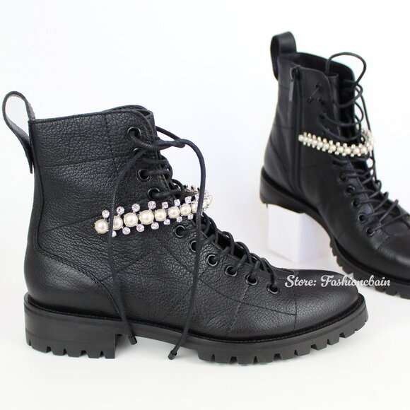 NEW JIMMY CHOO Quilted Leather Combat Boot w Faux Pearl Crystal-Strap - Picture 1 of 16